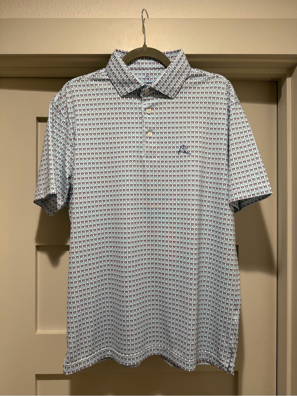 Rhoback Crown Print Golf Polo Men’s M White Navy Aqua Performance Shirt